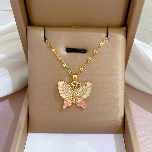 Sweet and Edgy Butterfly-Shaped Titanium Steel Necklace with Rhinestone Inlay, Minimalist Geometric Pendant on Titanium Steel Chain for Women