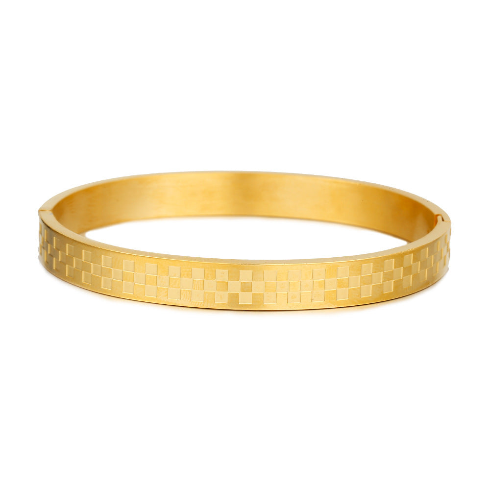 Vintage Geometric Checkered Matte Titanium Steel Open Cuff Bracelet for Men and Women