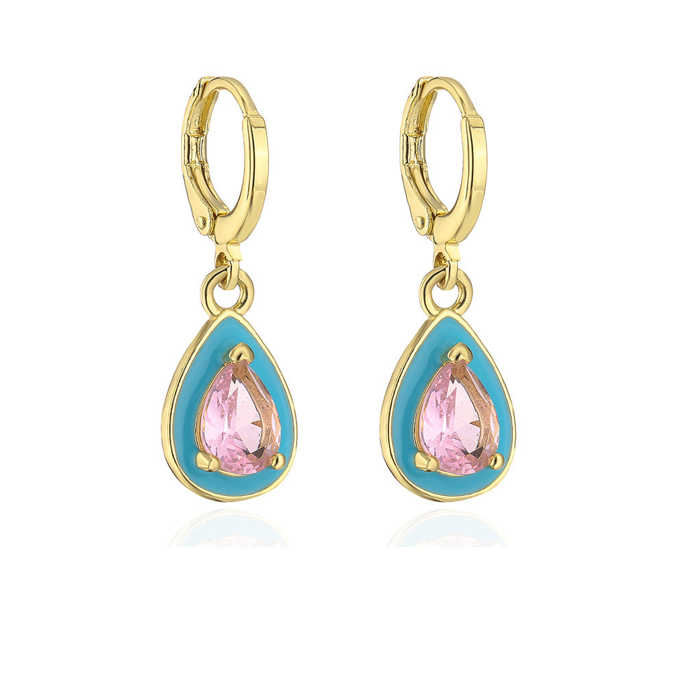 Bohemian Geometric Drip Enamel Zircon Drop Earrings for Women in Copper with Real Gold Plating