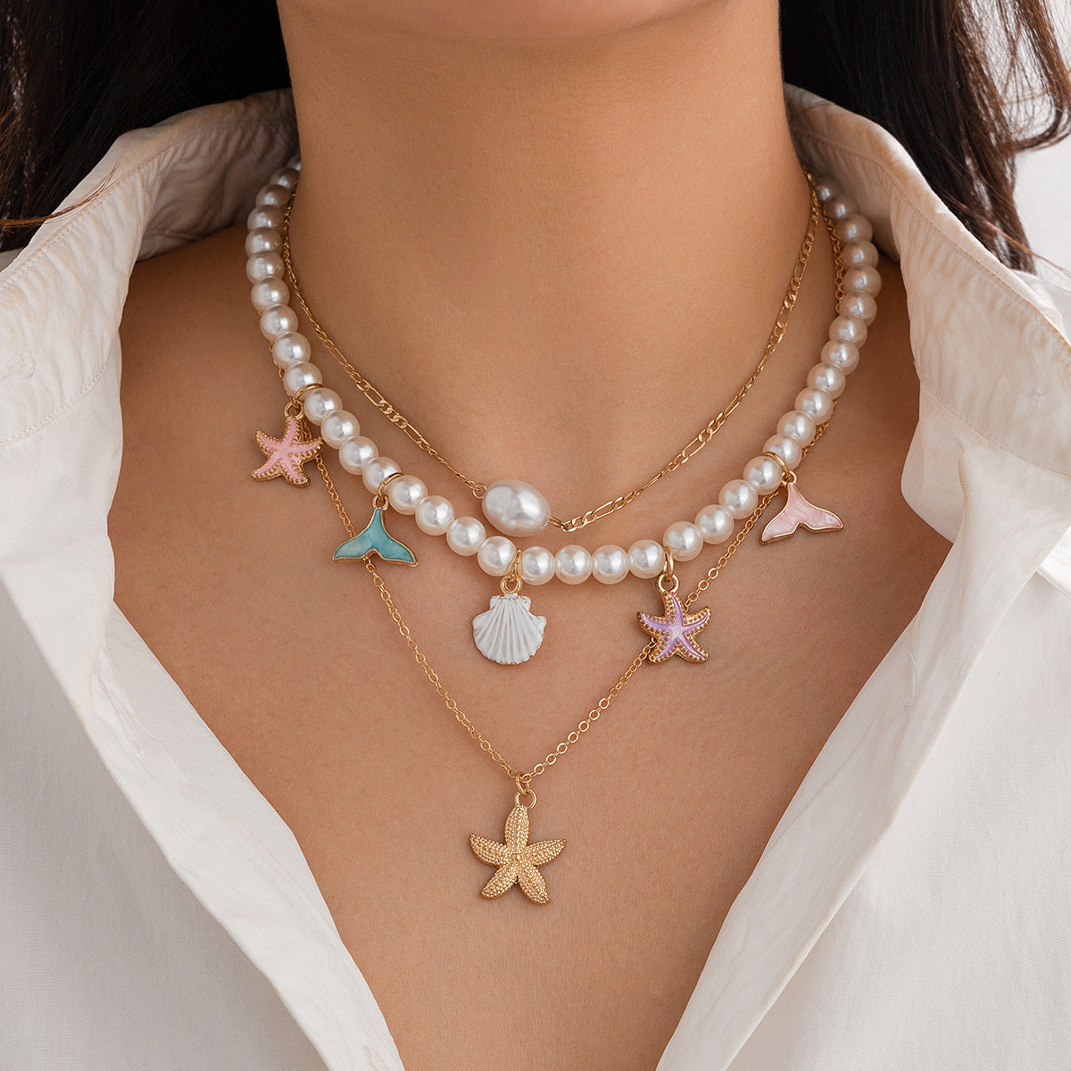 Retro Beach-Themed Star and Shell Pendant Necklace in Zinc Alloy with Plated Finish for Women