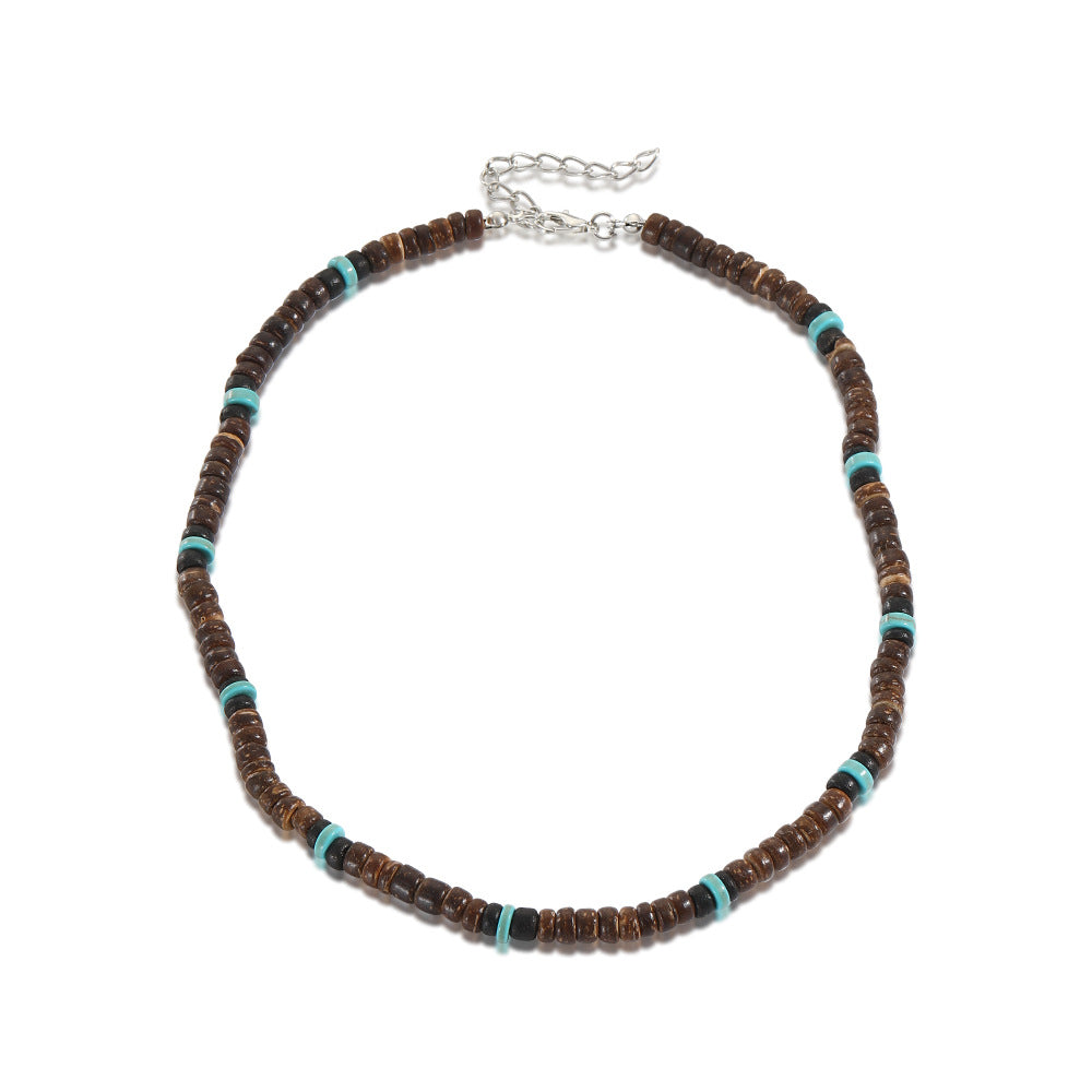 Bohemian Geometric Wood Bead Turquoise Short Necklace for Men