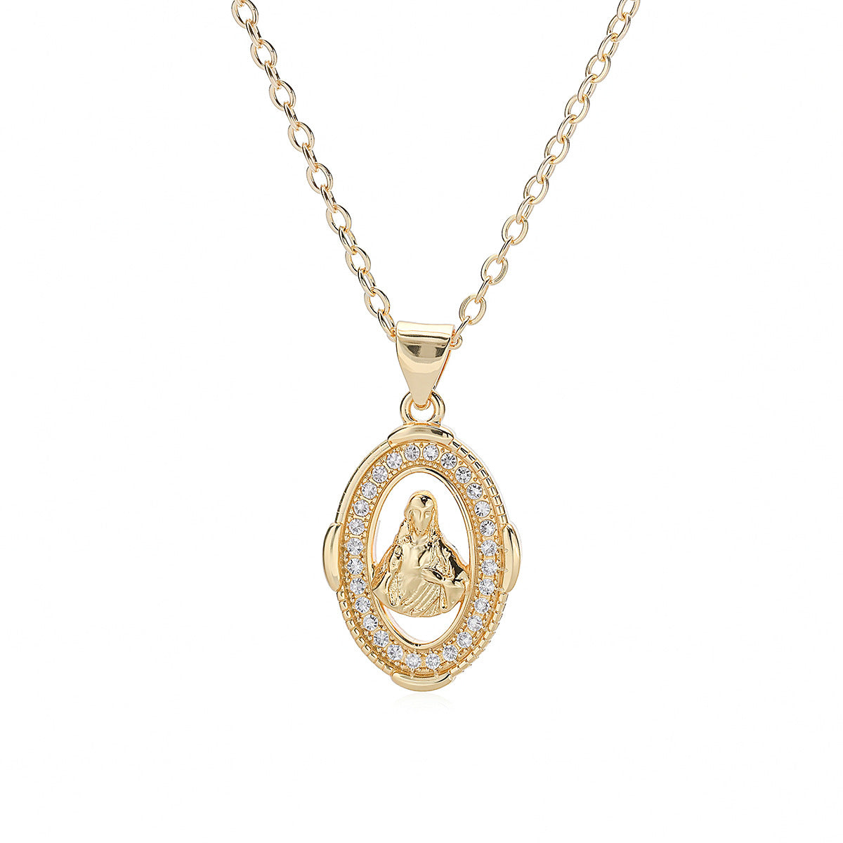 Vintage Minimalist Geometric Brass 18K Gold Plated Cubic Zirconia Virgin Mary Pendant Necklace