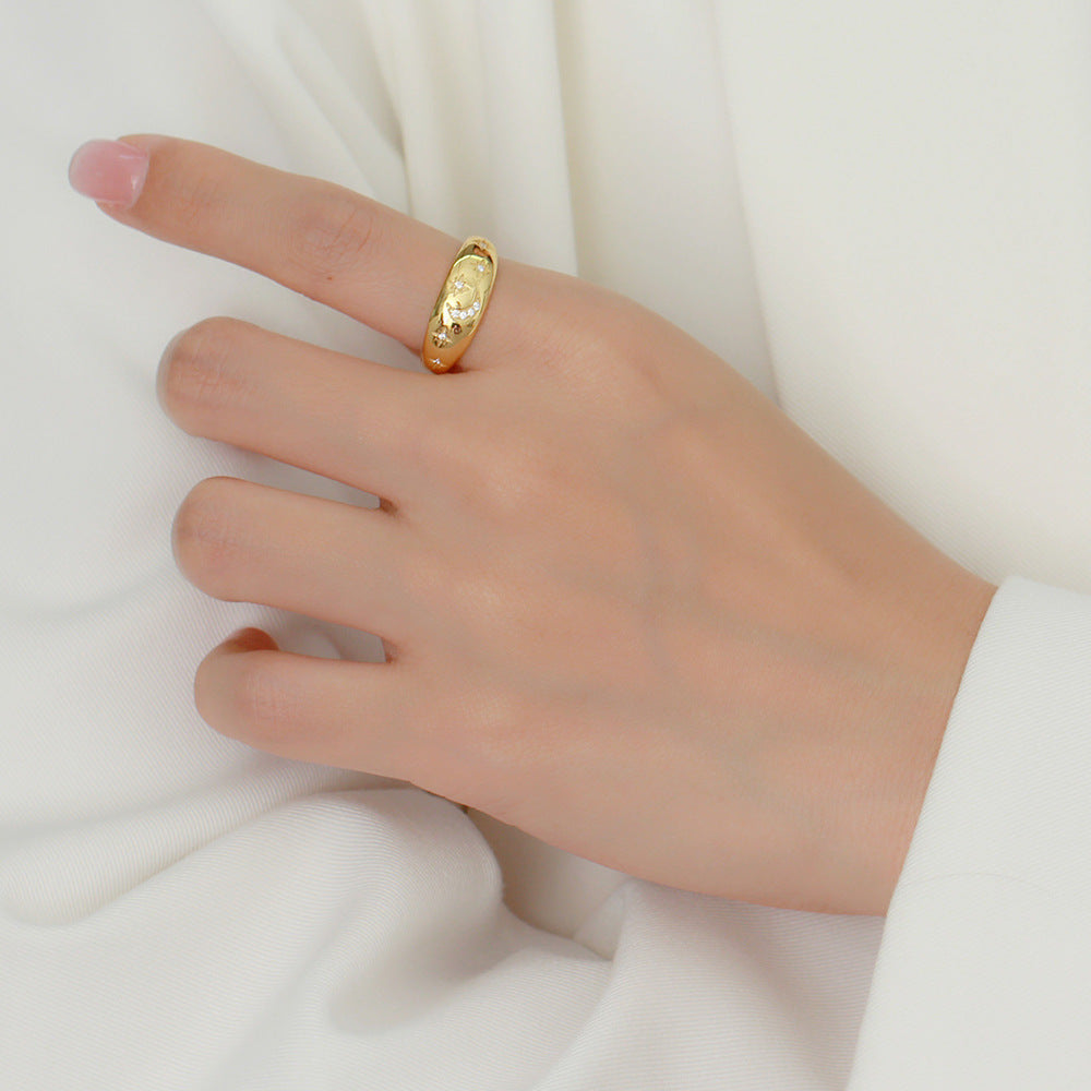 Vintage Minimalist 925 Sterling Silver Geometric Star Moon Rhinestone Inlay Open Ring for Women
