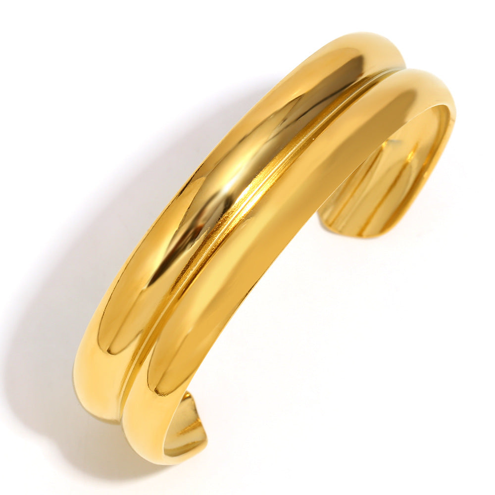 Bracciale Minimalista Elegante a Doppio Strato Largo in Acciaio Inossidabile da Donna con Placcatura in Oro 18K