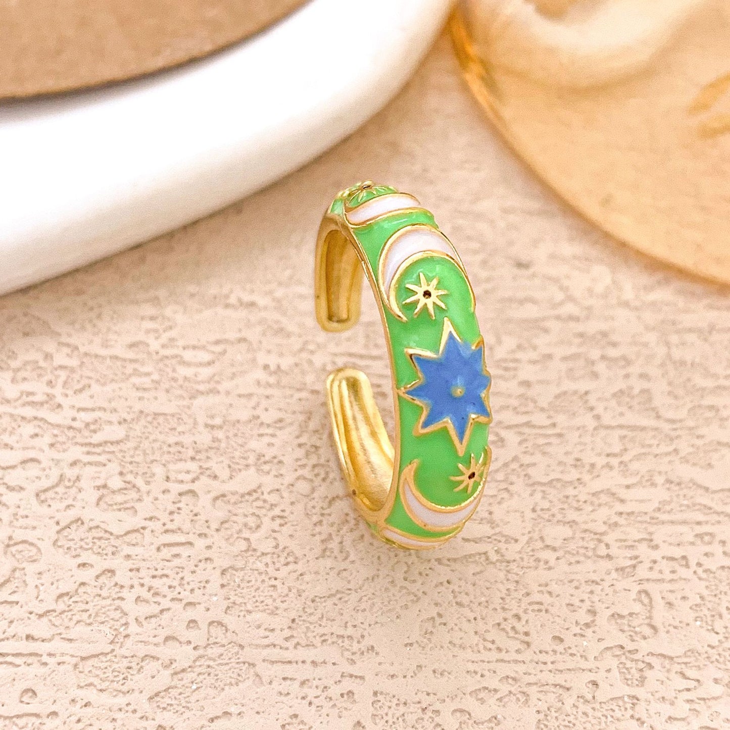 Sweet Alloy Gold Plated Drip Oil Round Oval Ring with Polka Dot Evil Eye Design for Women