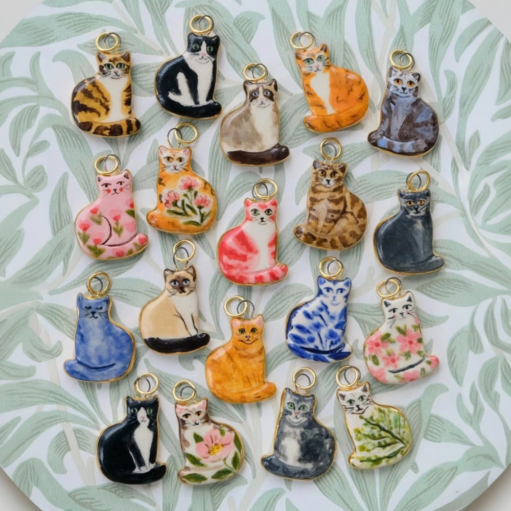 Cute Cat Cartoon Ceramic Drip Oil Plated Stainless Steel Charm Bar Pendant