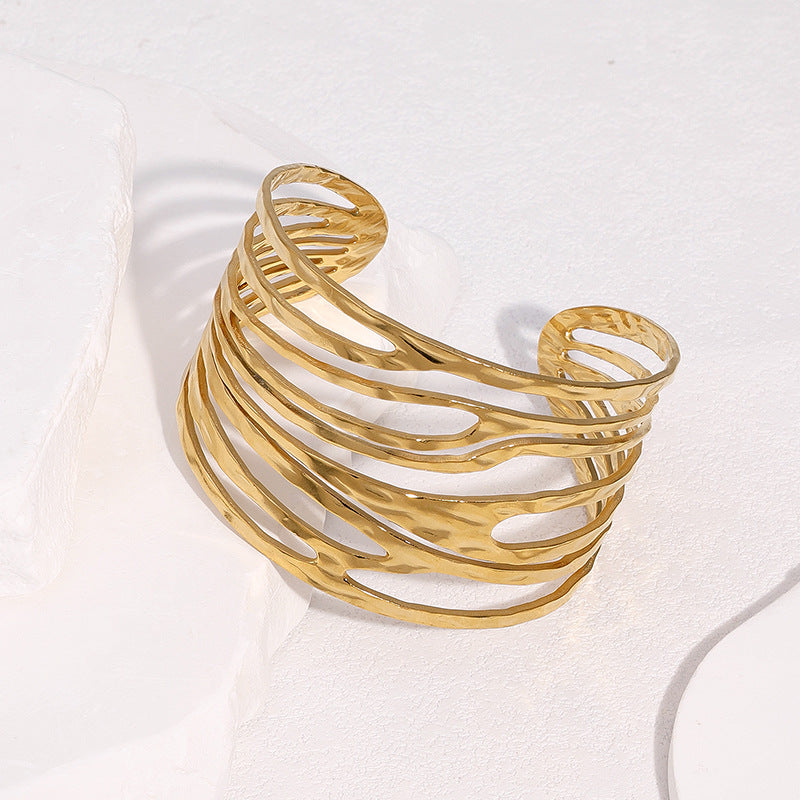 Minimalist Irregular Wide Stainless Steel Bracelet with Plated Finish for Women and Men