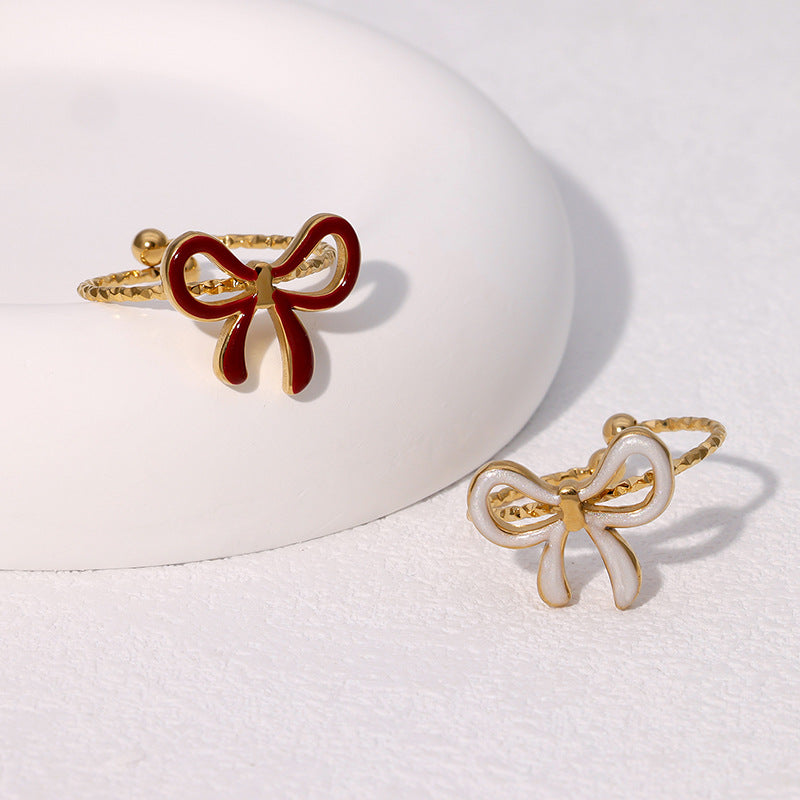 Delizioso Anello Aperto da Donna a Forma di Fiocco in Acciaio Inossidabile Placcato Oro Stile Minimalista