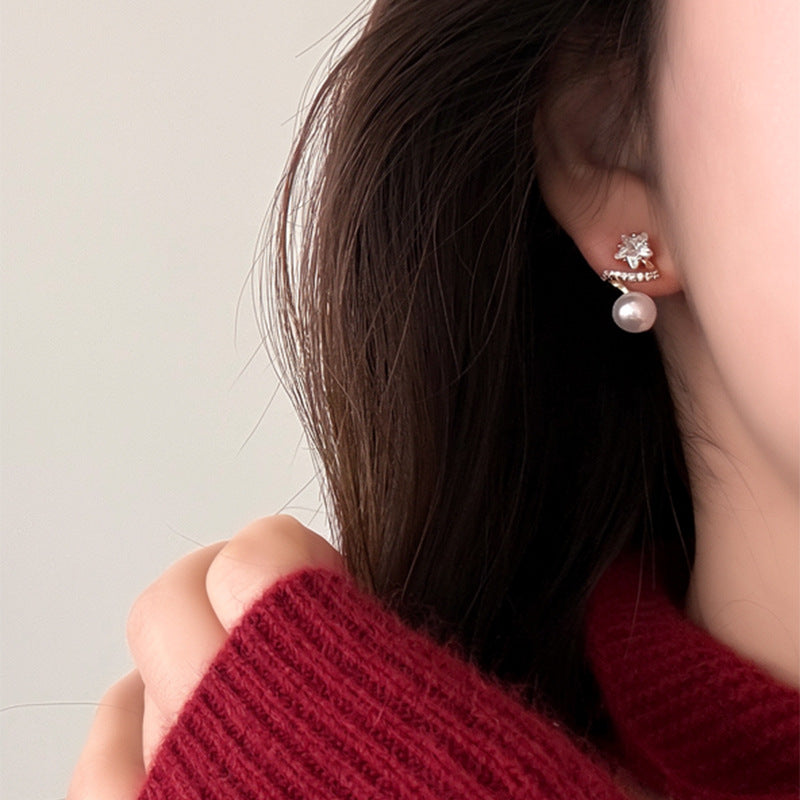 Elegantes pendientes de perlas geométricas en forma de estrella con incrustaciones de circonitas para mujer, uso diario, oficina, joyería de lujo chic