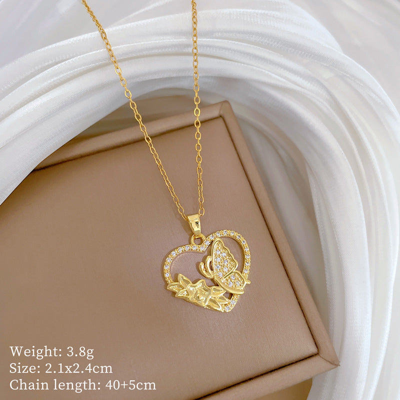 Sweet Minimalist Heart Butterfly Rhinestone Titanium Steel Necklace for Unisex