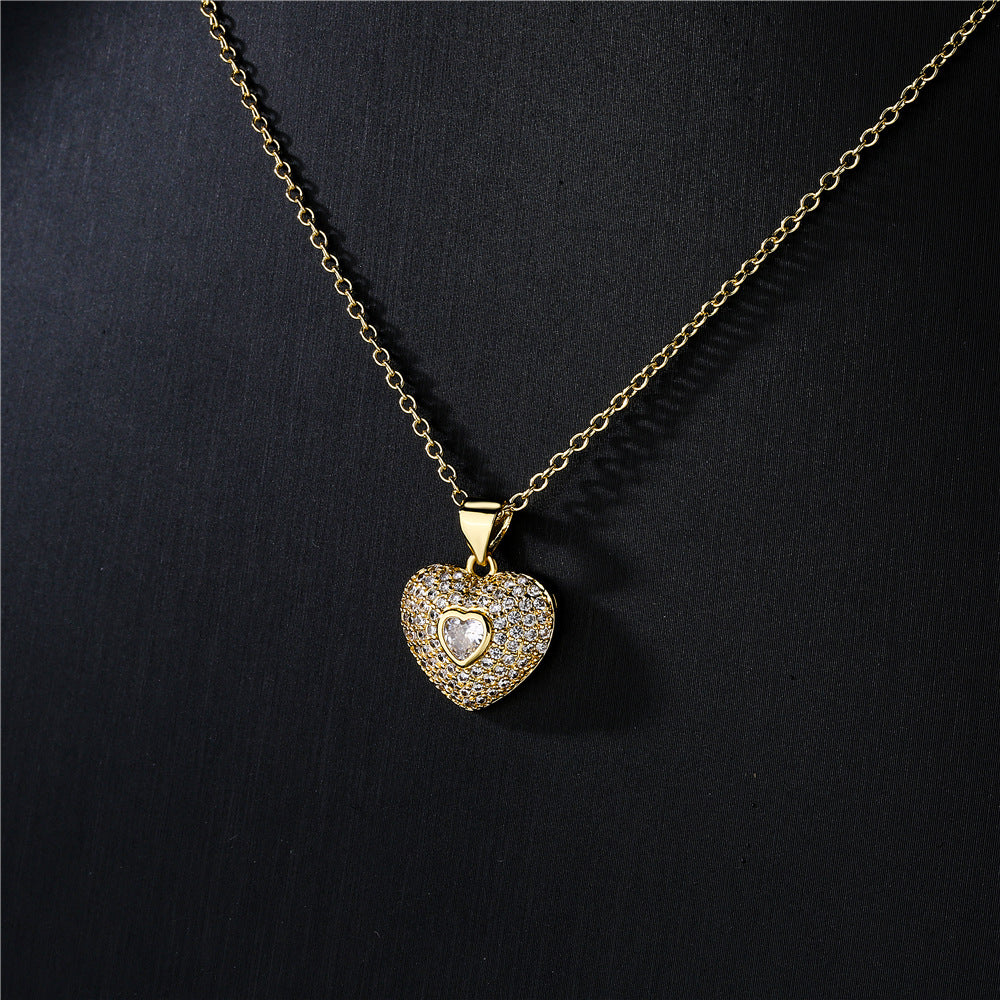 Gold Plated Brass Micro-Inlaid Cubic Zirconia Heart Geometric Pendant Necklace with Cable Chain