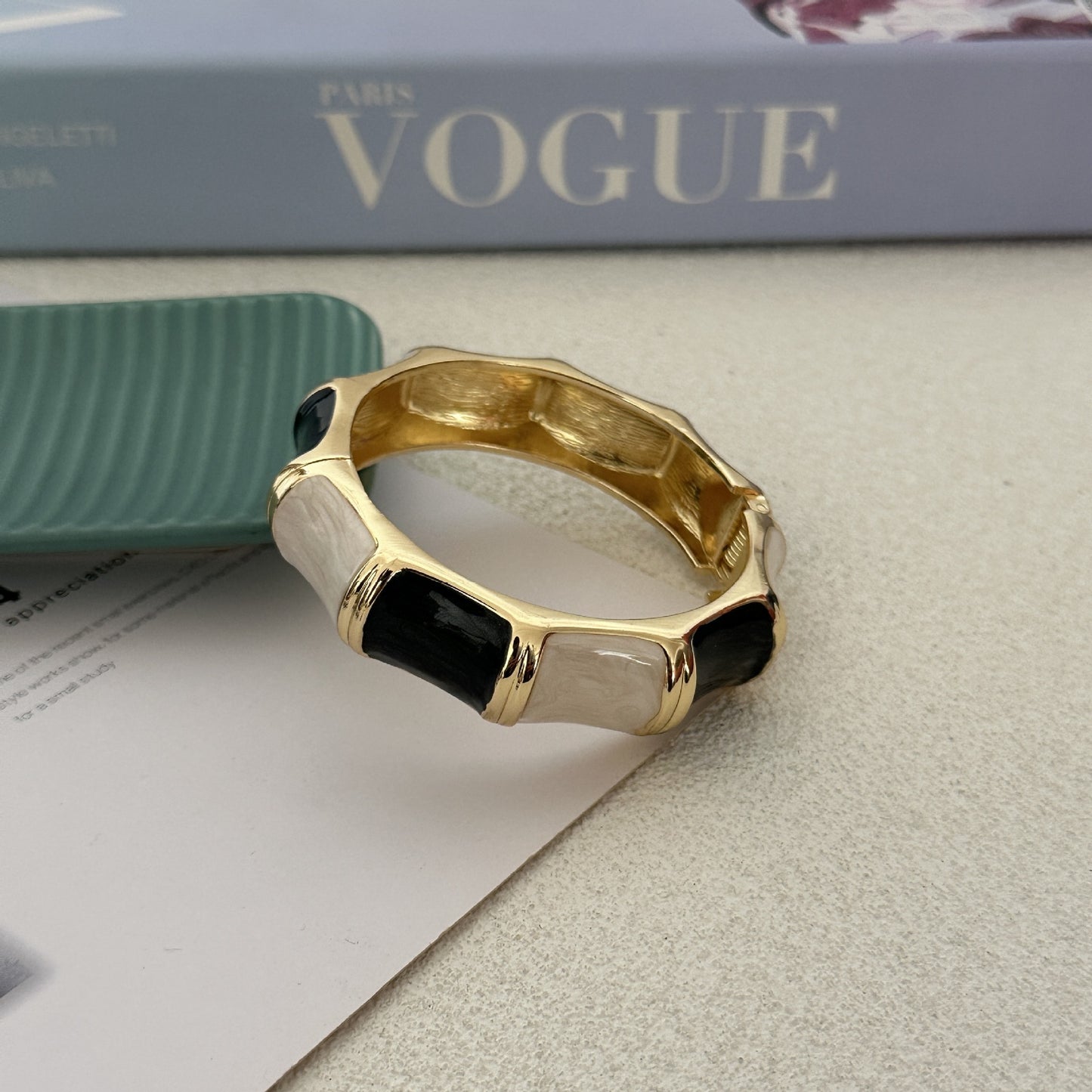 Vintage Enamel Drip Oil Plated Geometric Wave Bamboo Joint Open Cuff Bracelet for Women