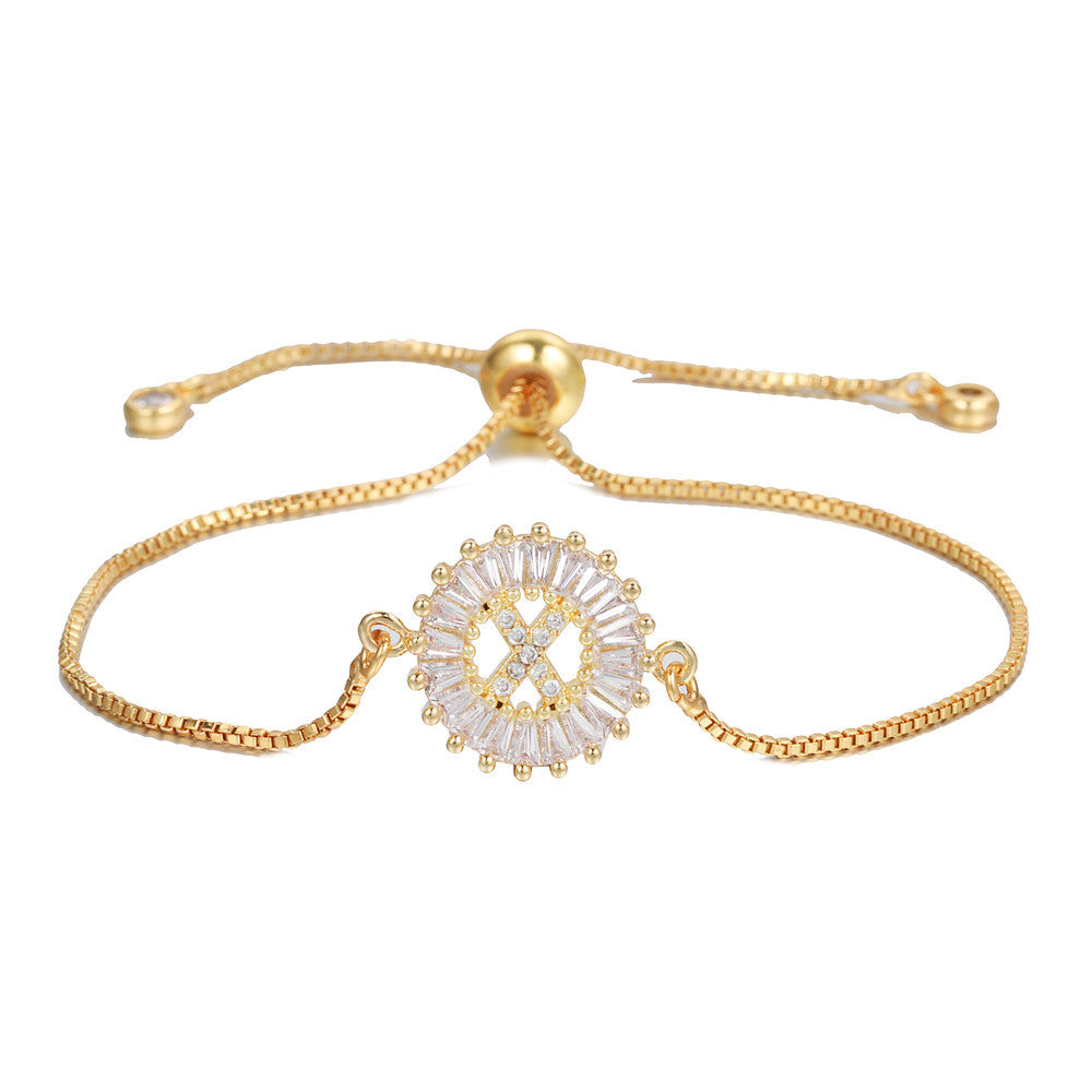 Minimalist Gold Plated Brass Letter Bracelet with Cubic Zirconia Adjustable A-Z