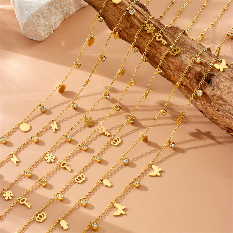 Minimalist Gold Plated Stainless Steel Butterfly Round Crown Eye Pendant Necklace and Bracelet Set for Women