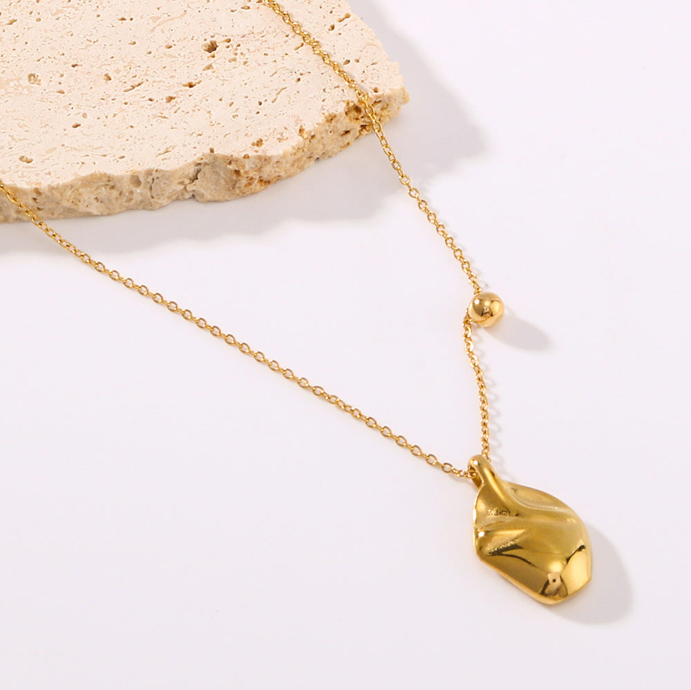 Minimalist Oval Textured Asymmetrical Pendant Necklace in Titanium Steel with 18K Gold Plating for Women