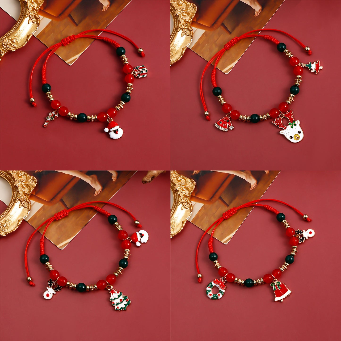 Handmade Beaded Christmas Bracelet Set with Snowman Reindeer and Bell Charms in Red Color Geometric Design Electroplated Women's Jewelry Gift