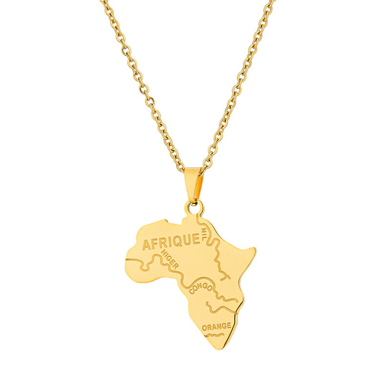 Collana con pendente mappa africana geometrica etnica in acciaio al titanio con finitura placcata, unisex