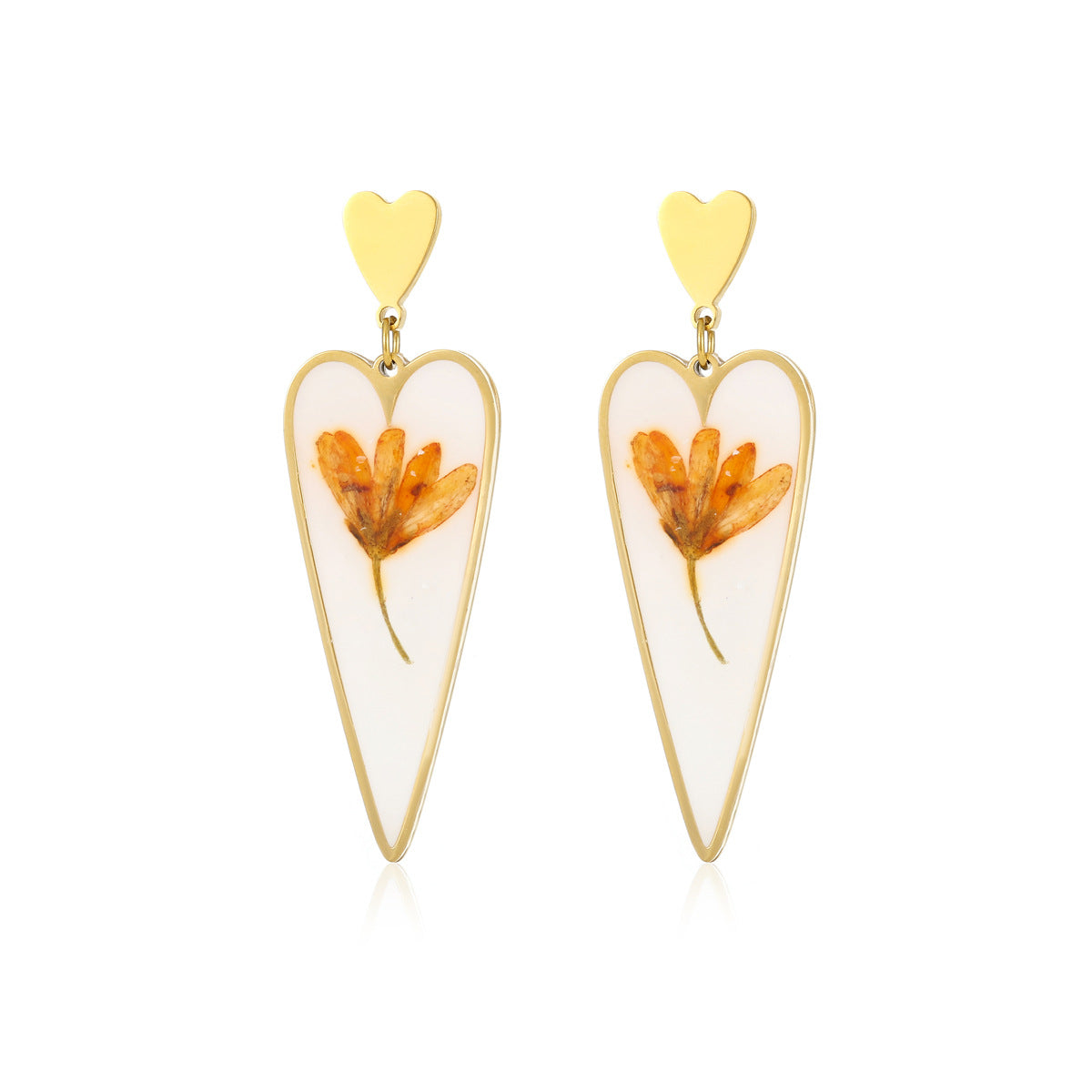 Pendientes de esmalte con colgante de flor seca en forma de corazón geométrico vintage en acero de titanio con acabado chapado