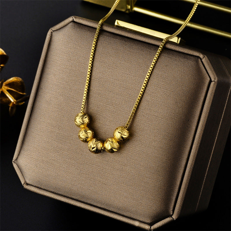 Vintage Gold-Tone Geometric Bead Pendant Necklace for Women Titanium Steel Plated Box Chain Delicate Clavicle Jewelry