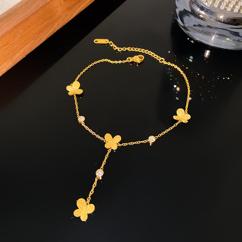 Minimalist Gold Plated Titanium Steel Heart Butterfly Rhinestone Anklet with Tassel