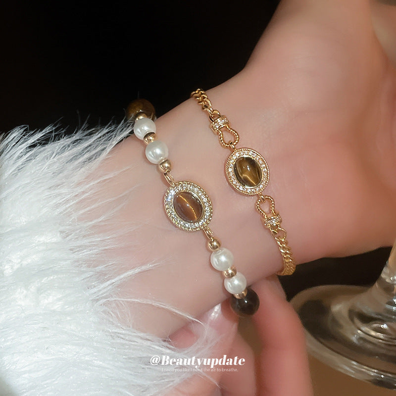 Pulsera de perlas geométricas incrustadas de diamantes de imitación en tono caramelo para mujer, estilo de corte francés vintage, accesorio de moda elegante