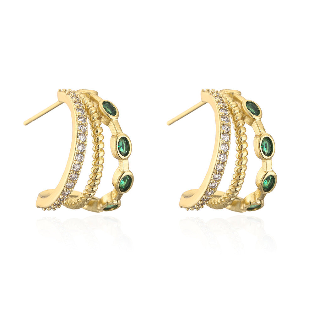 Geometric Earrings for Women in Copper with 18K Gold Plating and Green Zirconia, Fashion-Forward Minimalist Design