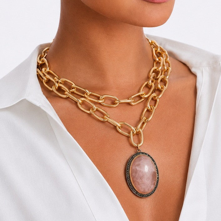 Vintage Punk Geometric Rhinestone Inlay Resin Pendant Aluminum Alloy Plated Necklace for Women