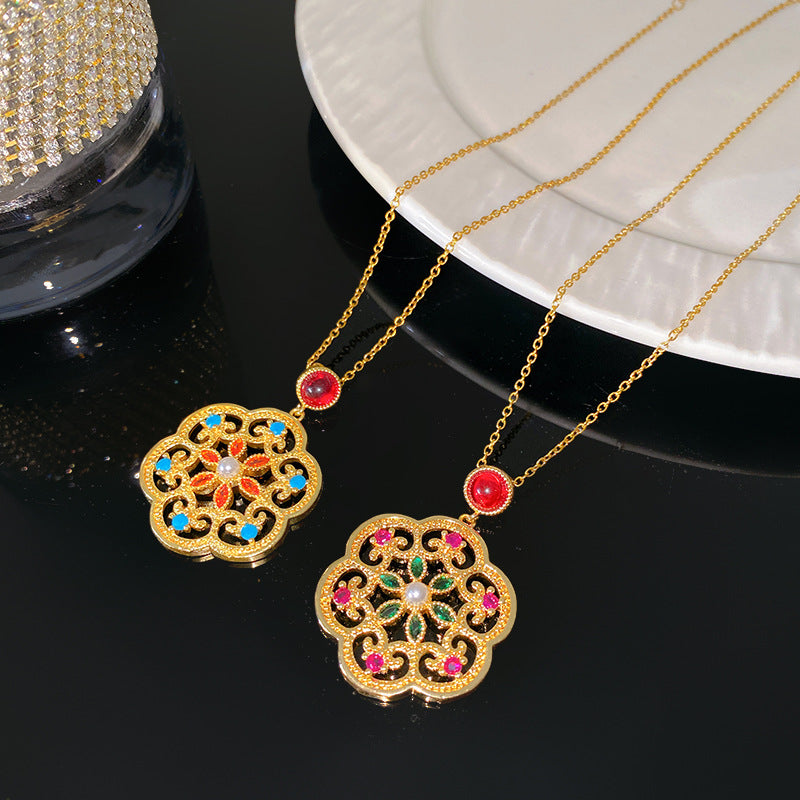 Sweet Sporty Floral Heart Titanium Steel Plated Necklace with Brass Pendant Cable Chain Unisex