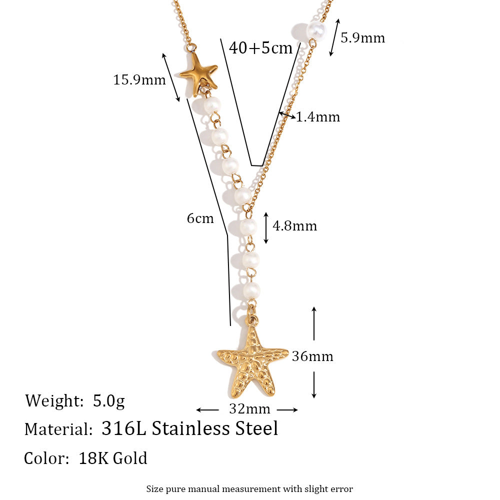 Collana con ciondolo a stella marina asimmetrica vintage da donna in acciaio inossidabile con placcatura in oro 18 carati e inserti in perle