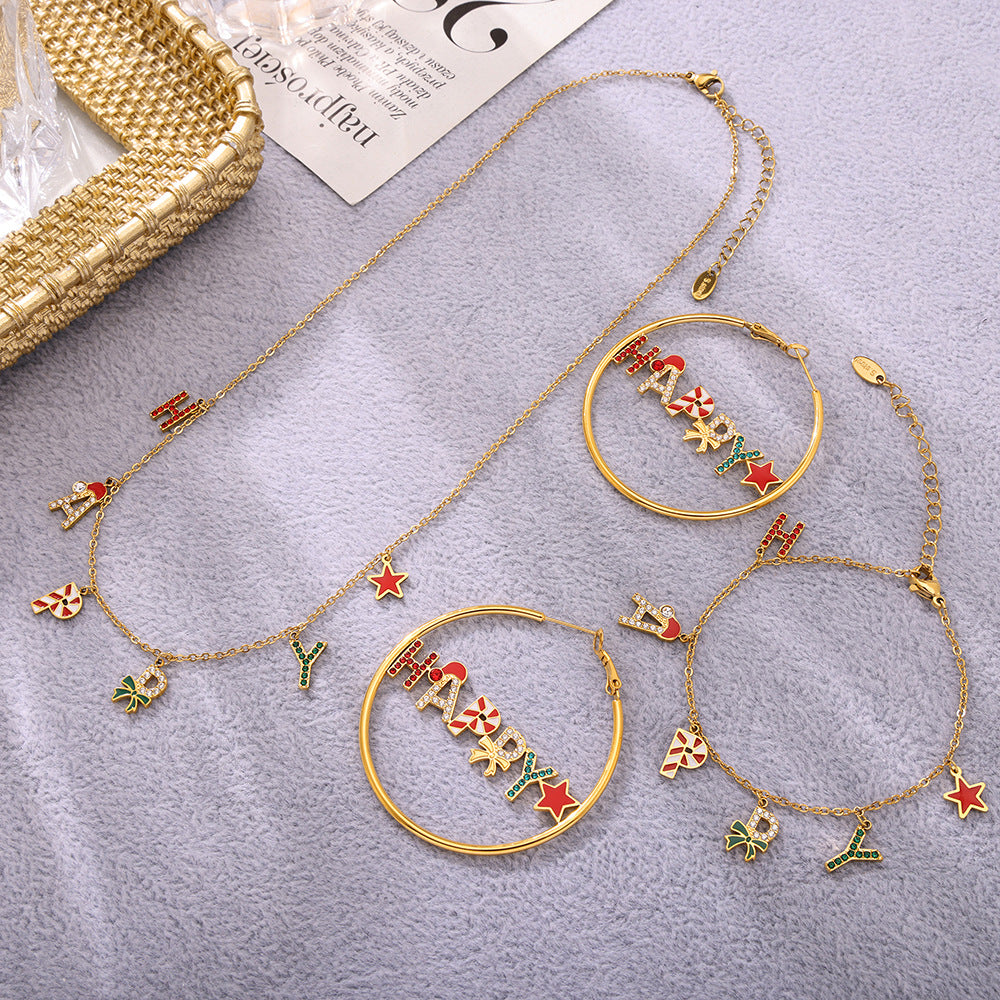 Juego de Collar Navideño de Lujo con Diseño de Rueda de la Fortuna, Esmalte e Incrustaciones de Zirconia, Colgante y Pulsera de Acero Inoxidable para Mujer