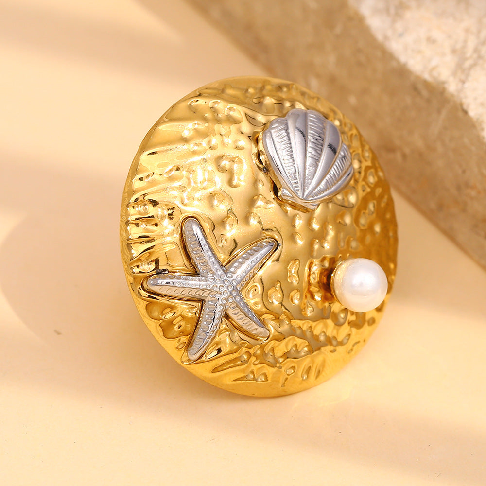 Fashionable Geometric Starfish Shell Pearl Round Open Ring in Stainless Steel with 18K Gold Plating for Women