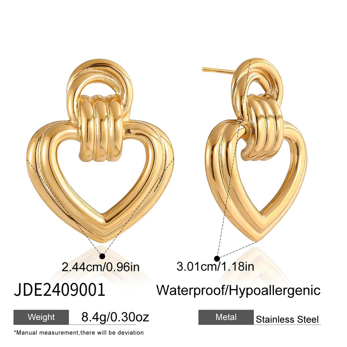 Orecchini a perno minimalisti a forma di cuore in acciaio al titanio per donna con perni in acciaio inossidabile placcati in oro sottovuoto PVD