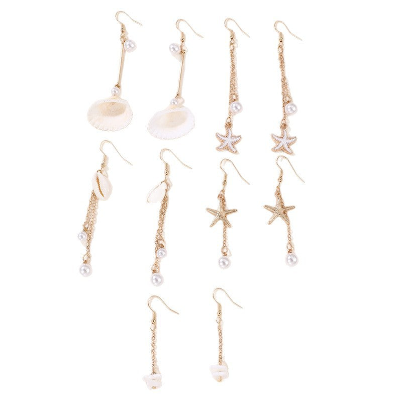 Pendientes largos de borla con colgante minimalista de estrella de mar y concha marina para niñas hechos de resina plástica
