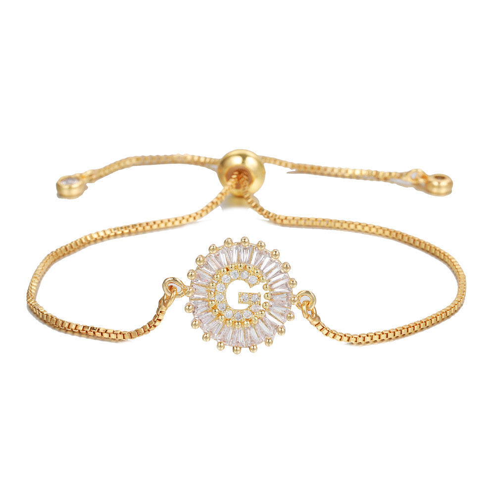 Minimalist Gold Plated Brass Letter Bracelet with Cubic Zirconia Adjustable A-Z