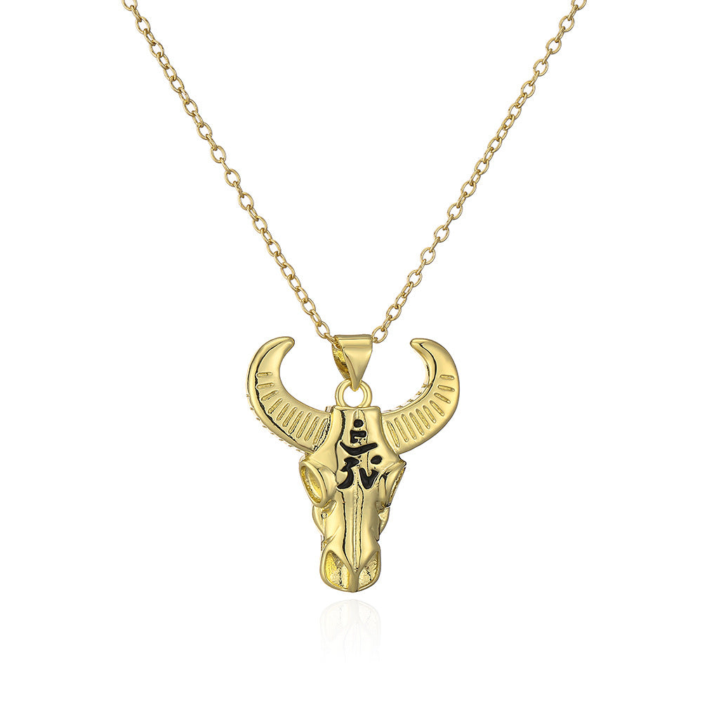 Vintage Geometric Copper Pendant Necklace for Women with 18K Gold Plating and Bull Charm