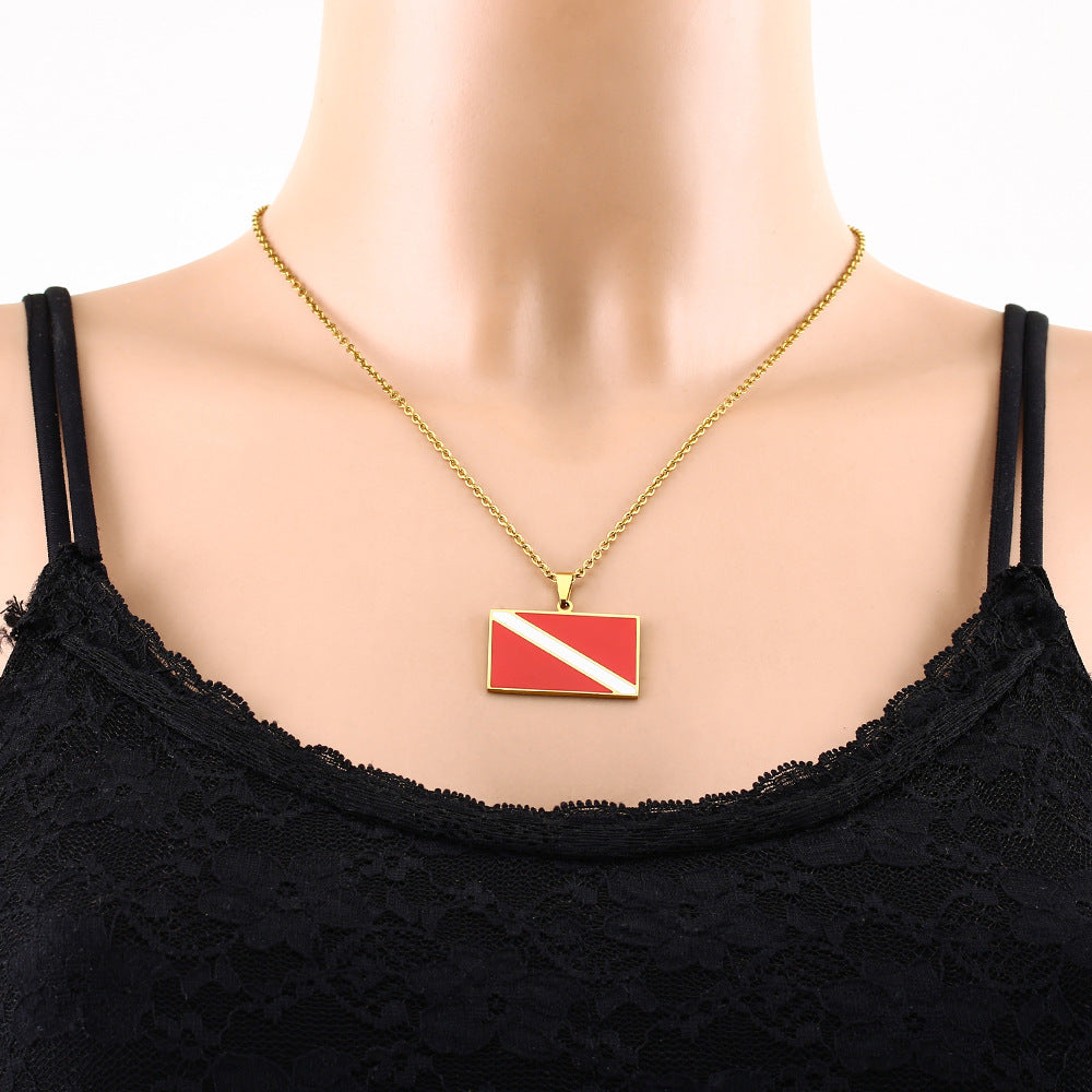 Sporty Geometric Stainless Steel Diving Symbol Pendant Necklace with Enamel Finish for Unisex