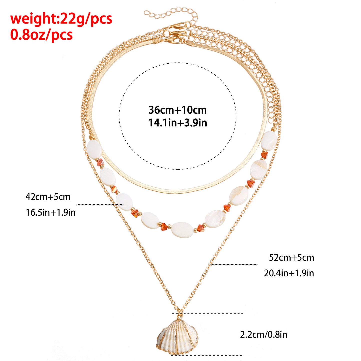Vintage Ocean-Inspired Multi-Layer Clavicle Necklace with Oval Mother-of-Pearl Beads and Geometric Shell Pendant in Plated Finish