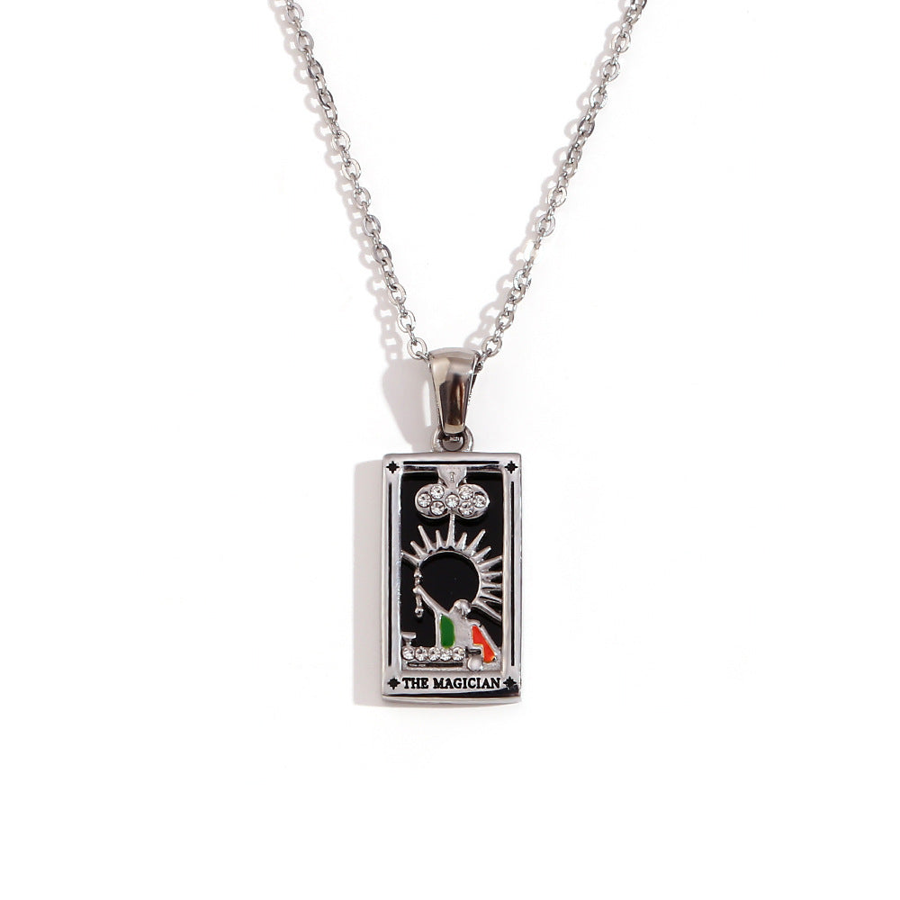 Vintage Tarot Card Pendant Necklace for Women Stainless Steel with 18K Gold Plating Geometric Four-Sided Design Fashion Office Style