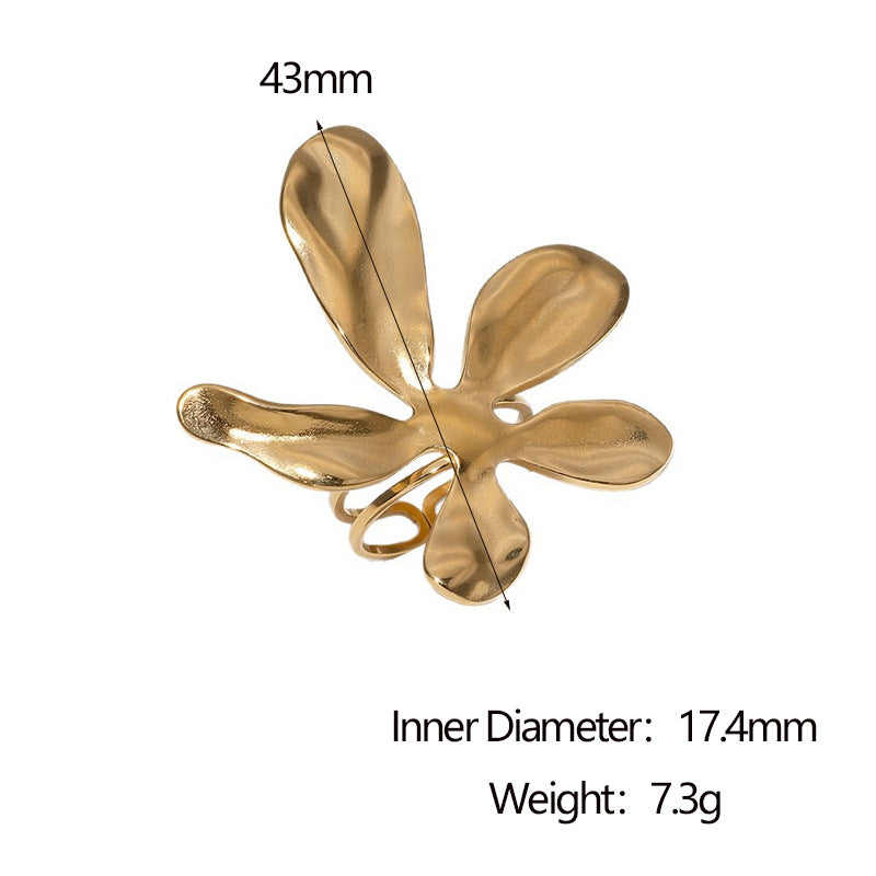 Minimalist 18K Gold Plated Stainless Steel Flower Petal Open Ring for Women
