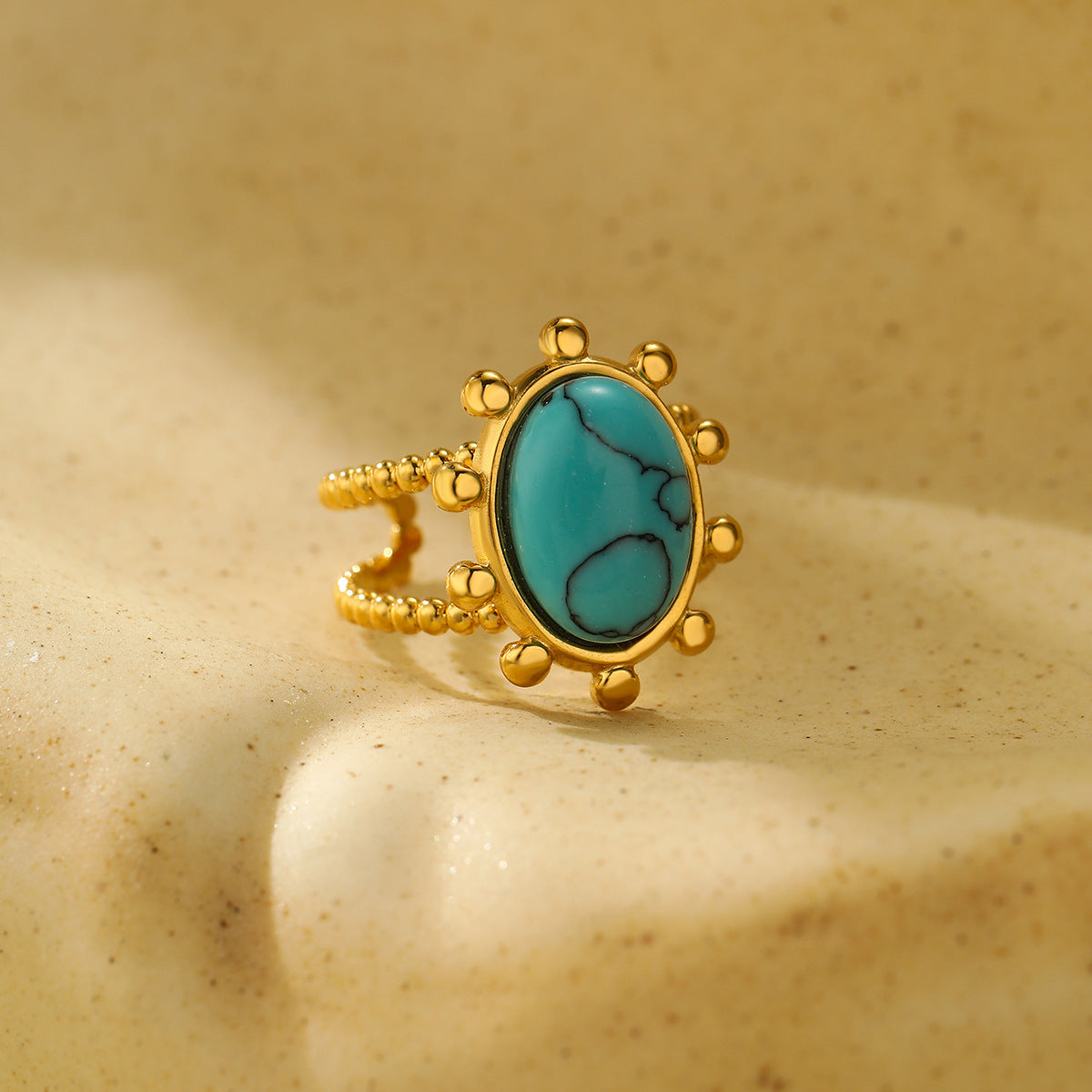 Anello ovale in stile francese vintage in acciaio inossidabile turchese con finitura placcata per donna