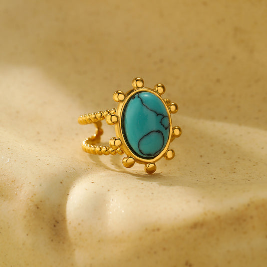 Vintage French Style Oval Turquoise Stainless Steel Ring with Plating Finish for Women