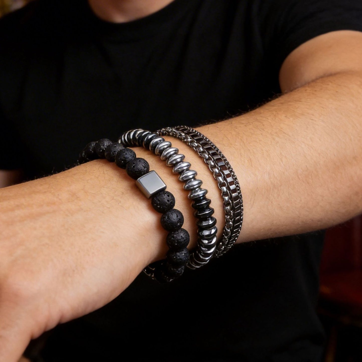 Hip-hop Geometric Round Stone Handmade Bracelet Set for Unisex