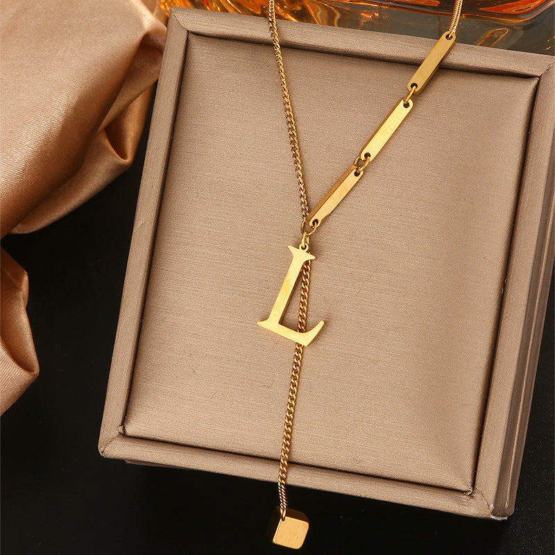 Minimalist Titanium Steel Letter Pendant Necklace with Tassel for Women