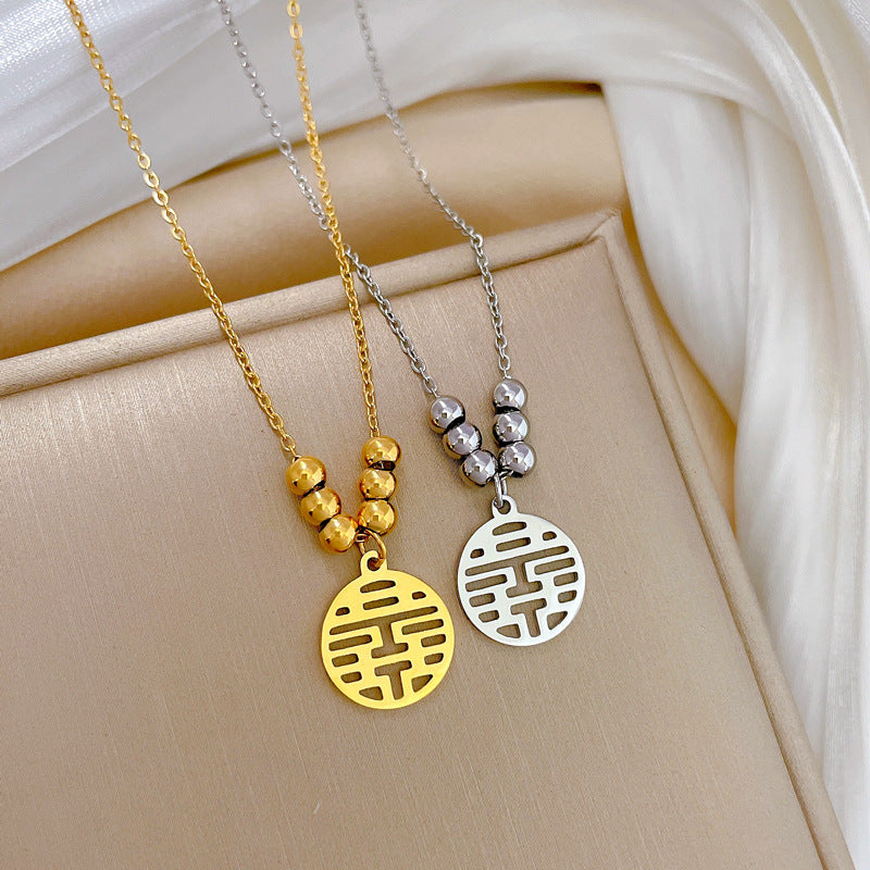 Minimalist Geometric Double Happiness Pendant Necklace in Titanium Steel with Rhinestone Inlay for Women