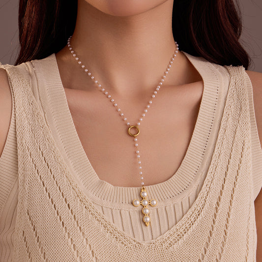 Collar Pendiente Cruz Ajustable Inspirado en lo Vintage para Mujer Acero Inoxidable con Incrustaciones de Perlas Estilo Oficina Elegante Cadena para Clavícula