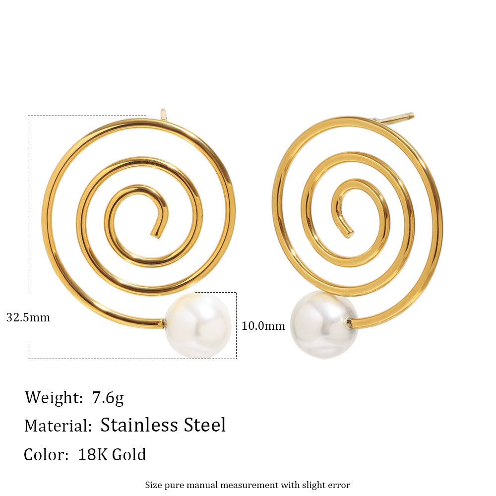 Orecchini da Donna a Perno Minimalisti Geometrici a Spirale Placcati Oro 18K in Acciaio Inossidabile con Perla