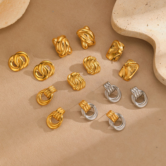 Fashionable Geometric Stainless Steel Earrings with Wavy Design and Plated Finish for Women