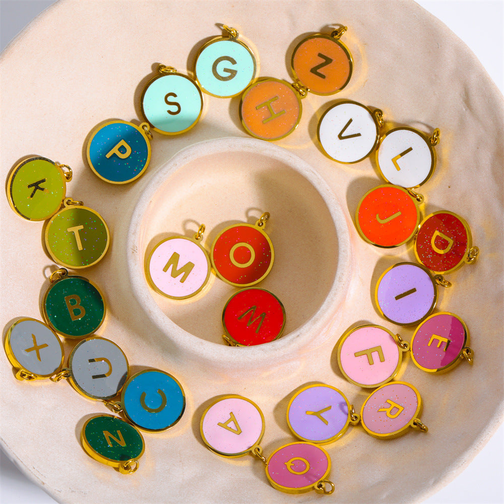 Candy Color Drip Oil 18K Gold Plated Letter Charm Bar Titanium Steel Necklace