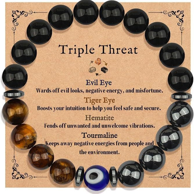 8mm Tiger's Eye and Obsidian Evil Eye Beaded Stretch Bracelet Geometric Unisex Fashion Jewelry
