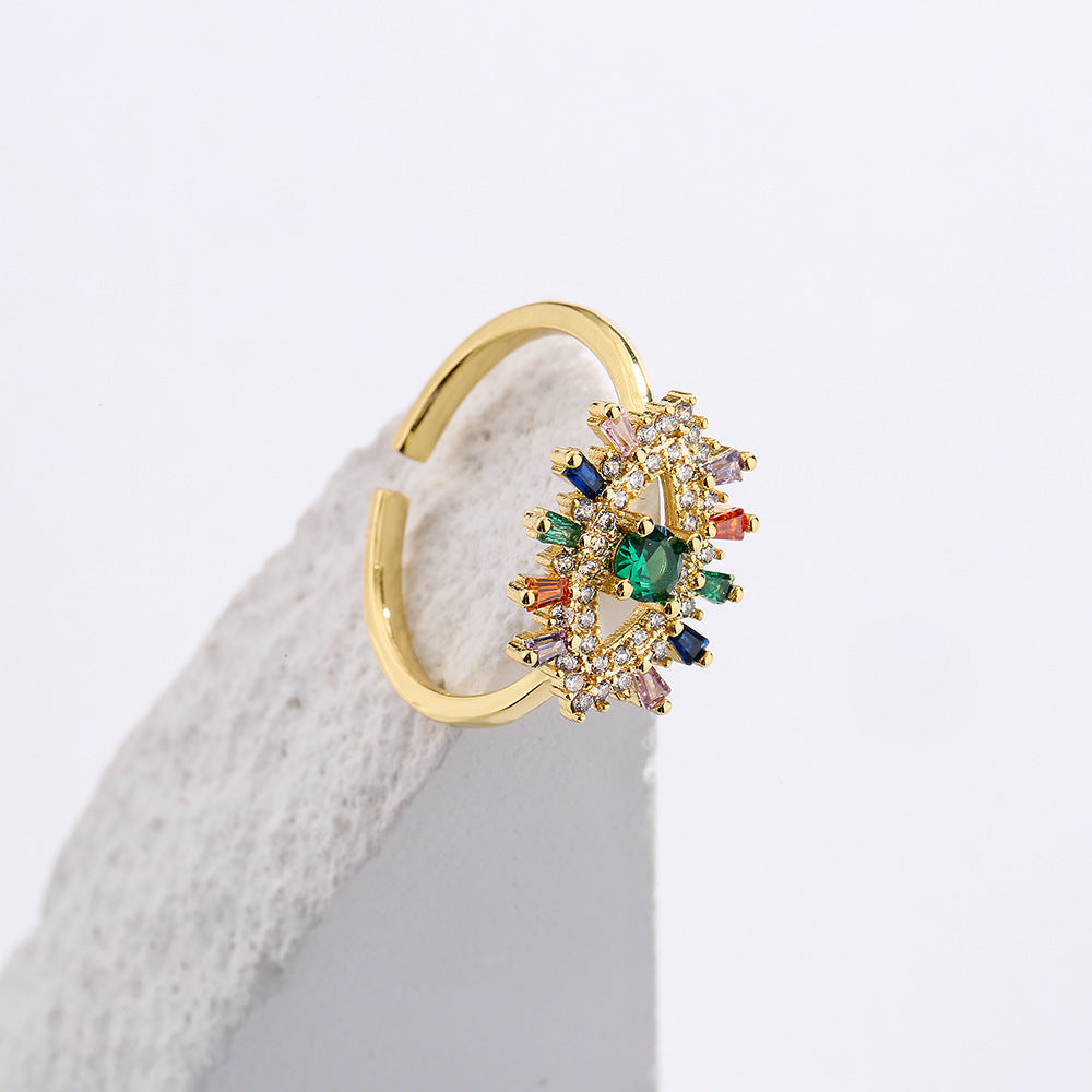 Minimalist Geometric Adjustable Ring in Copper with 18K Gold Plating and Micro-Paved Zirconia for Women